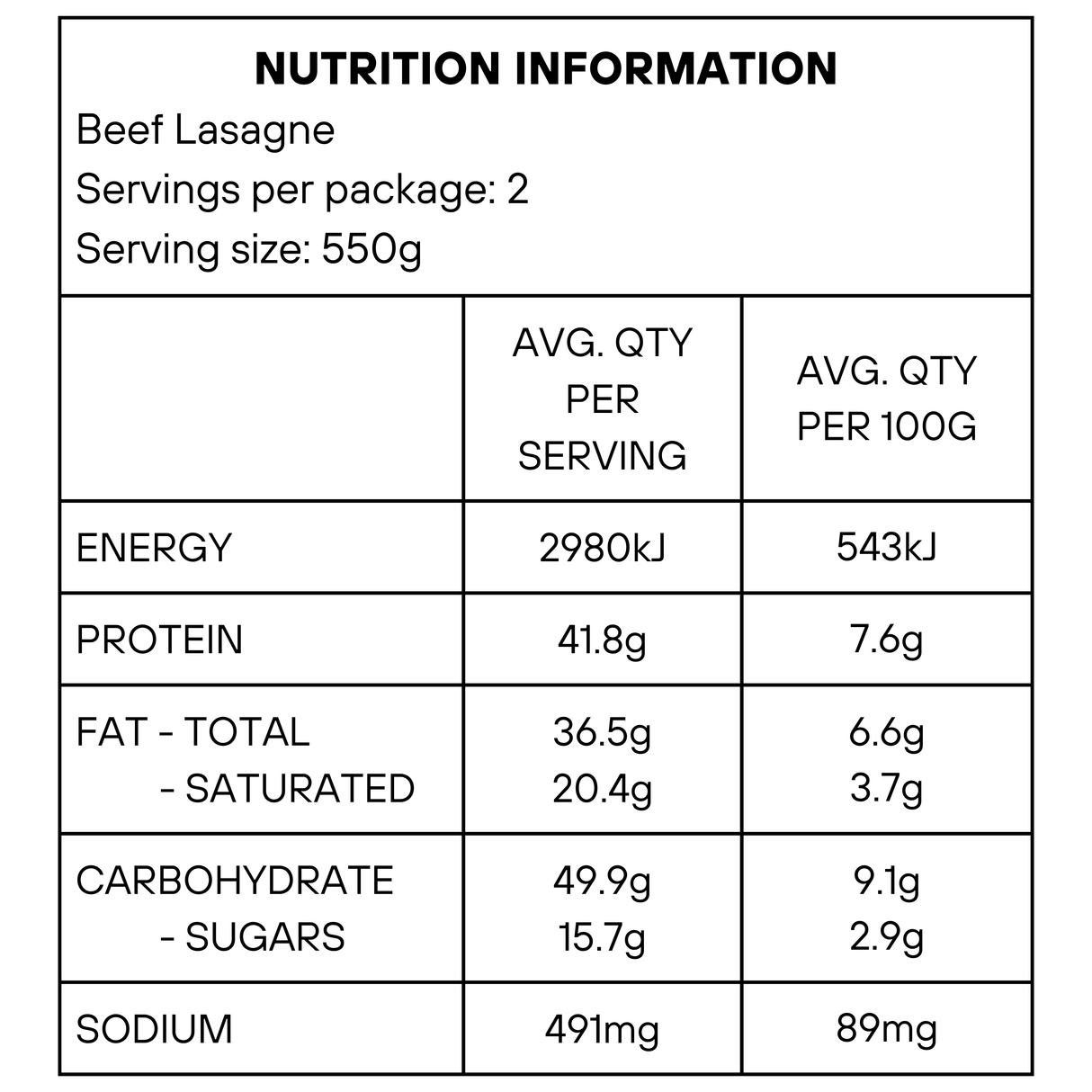 Beef Lasagne (frozen) 1.1kg